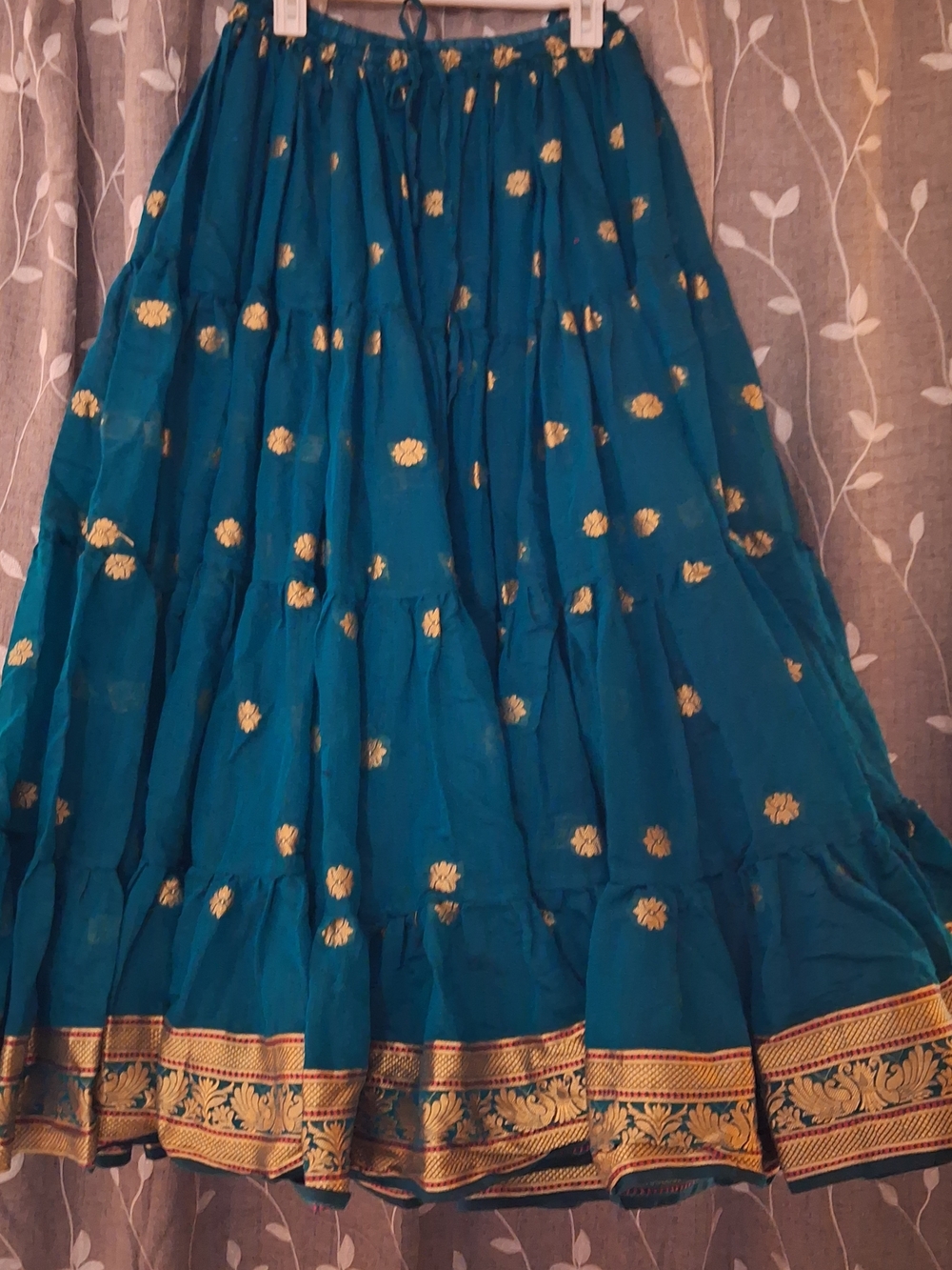 Shinney SQUIRRL Teal Skater Skirt with Gold Floral Trim